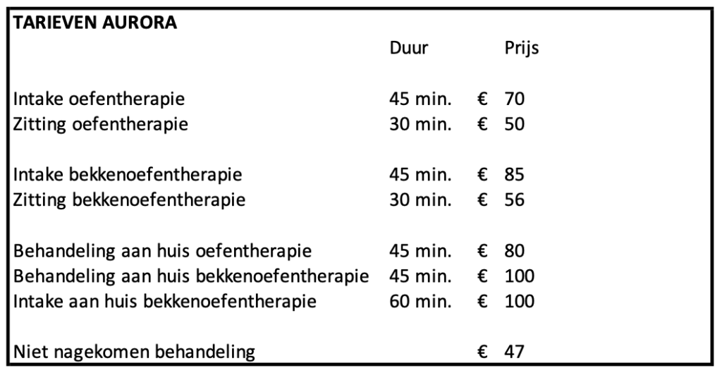 aurora oefentherapeuten tarieven